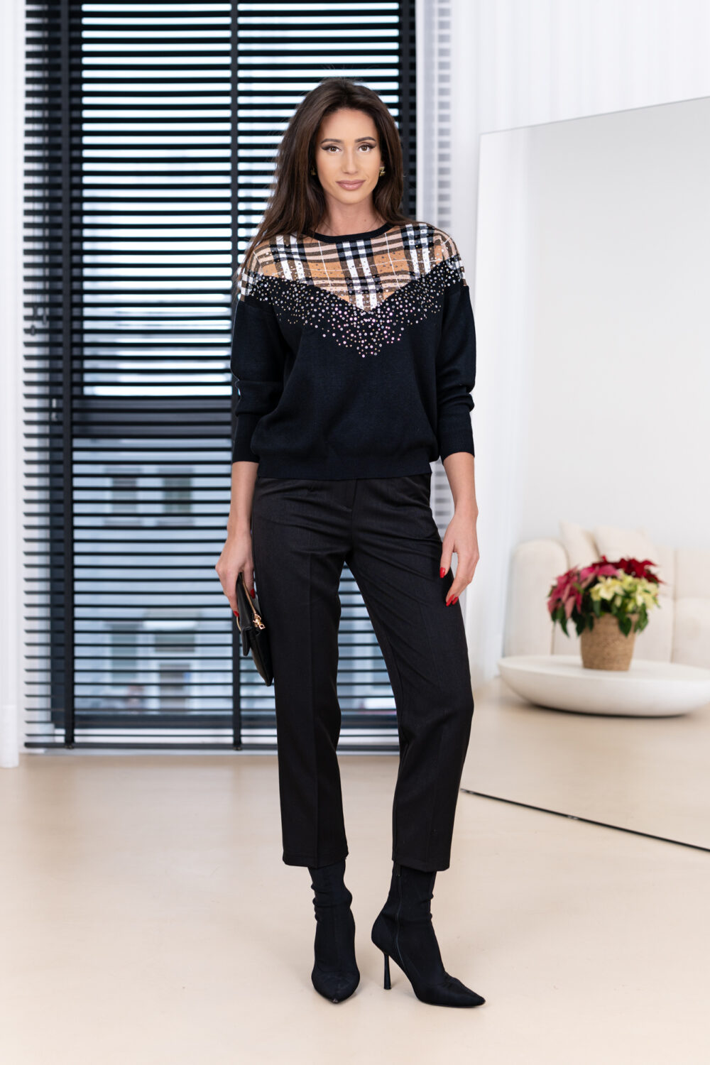 Sparkle check holiday sweater — metallic-thread plaid for evening
