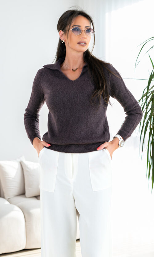 Sweter „Soft Collar” - Gorzka czekolada, XS/S